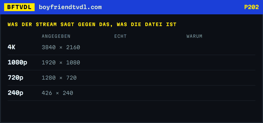 Eine Tabelle streicht die vom Stream angegebenen Breiten durch und ersetzt sie durch die echten: 3840 wird 2880, 426 wird 134 bei einem hochkant gefilmten Handyvideo.