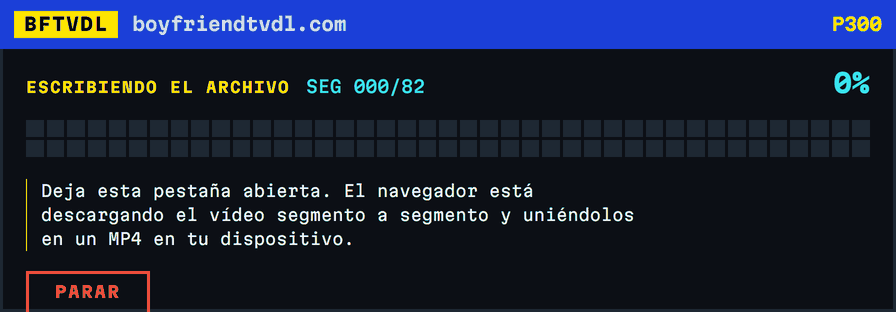 Un mosaico de progreso que se llena bloque a bloque, 82 bloques para 82 segmentos, terminando en verde al 100 por cien con el nombre del archivo guardado.
