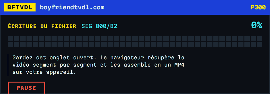Une mosaïque de progression qui se remplit bloc par bloc, 82 blocs pour 82 segments, jusqu'au vert à 100 % avec le nom du fichier enregistré.