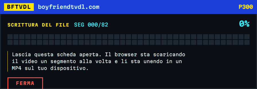 Un mosaico di avanzamento che si riempie un blocco alla volta, 82 blocchi per 82 segmenti, fino al verde al 100 per cento con il nome del file salvato.