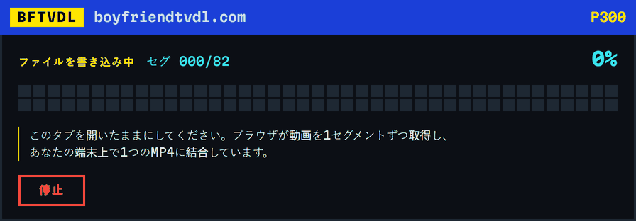 進捗のモザイクが1ブロックずつ埋まっていき、82セグメントに対して82ブロック、最後に100パーセントで緑になり保存ファイル名が出る様子。