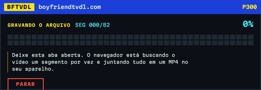 Um mosaico de progresso preenchendo bloco a bloco, 82 blocos para 82 segmentos, terminando em verde a 100 por cento com o nome do arquivo salvo.